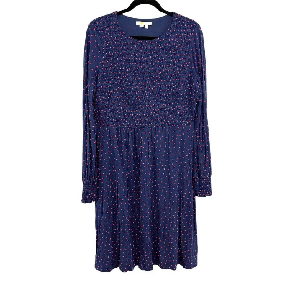 Boden Navy & Red Polka Dot Smocked Long Sleeve Jersey Knit Dress Women's US 14L
